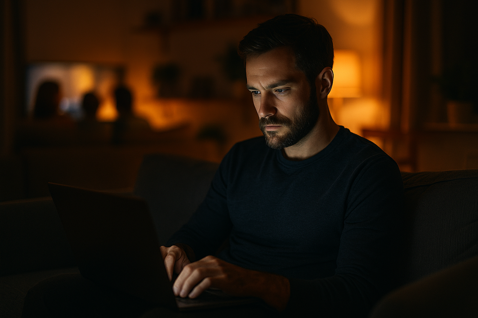 A cinematic wide portrait of a man working late at night in a cozy living room sitting on a couch with his laptop glowing softly against his face The background shows his family blurred in warm light watching TV symbolizing balance between love and p-1