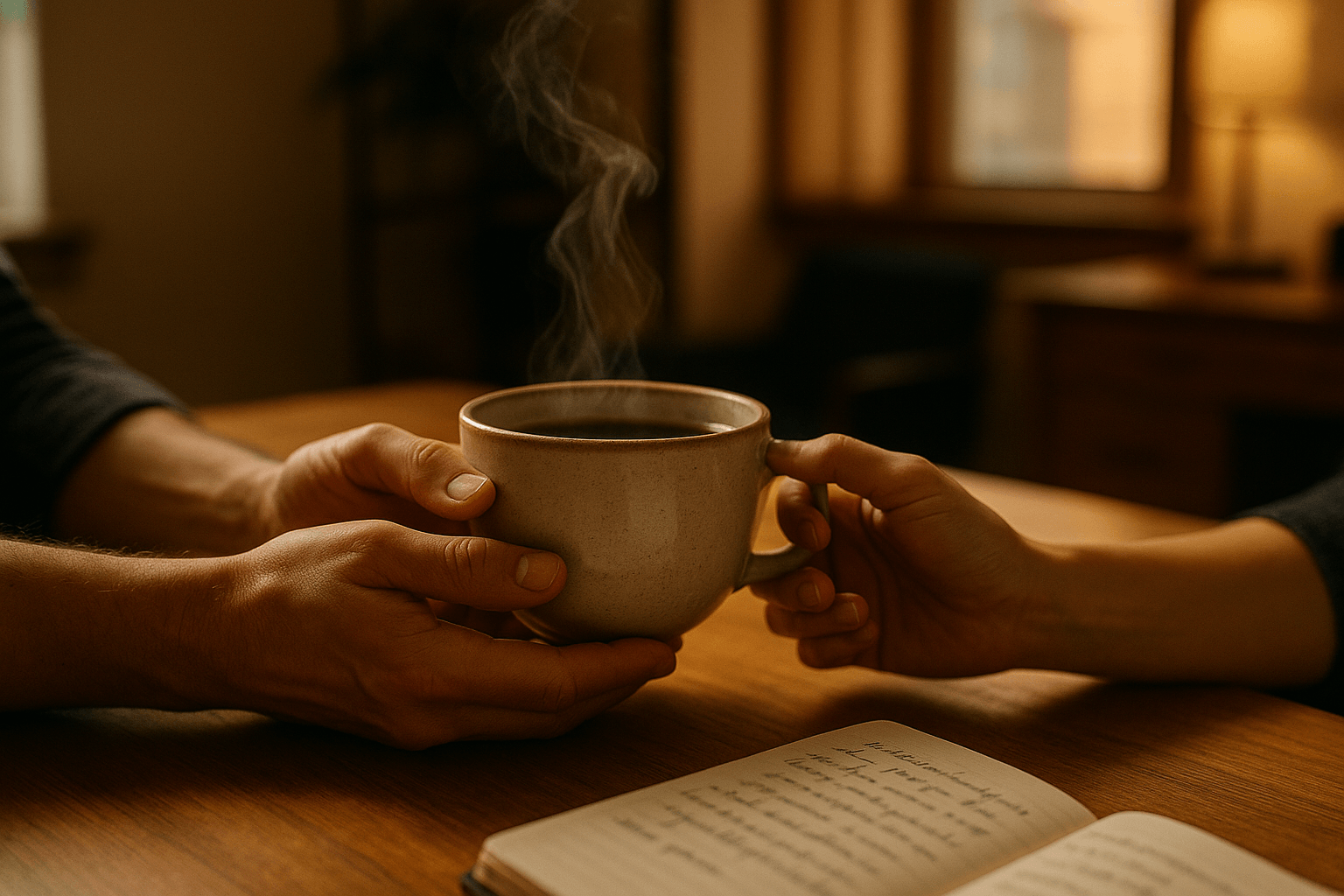 Hyperrealistic closeup photograph of two hands gently holding a ceramic coffee cup across a wooden desk in a warm office or home office setting Captured with a Sony A7R V fullframe mirrorless camera 35mm f14 lens shallow depth of field for focus on t