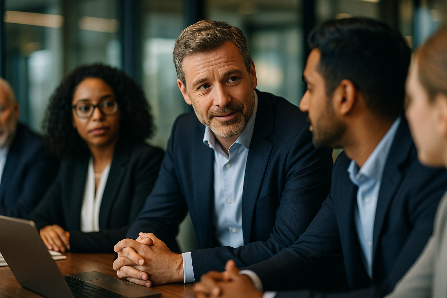 Photorealistic professional image of a diverse group of business professionals in a modern office boardroom The leader mid40s approachable and confident leans in with eye contact while attentively listening to a younger team member Shot on a Nikon Z9-1