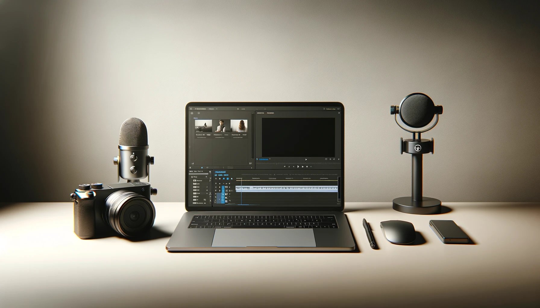 DALL·E 2024-02-06 23.56.36 - A minimal and clean workspace for video marketing, featuring a modern laptop with video editing software on screen. Beside the laptop, theres a compa