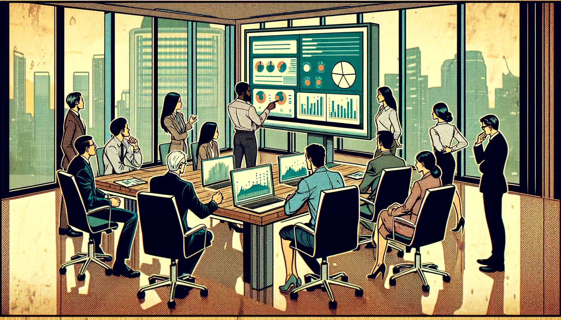 DALL·E 2024-03-10 10.06.58 - An old comic book style image depicting a diverse group of professionals in a modern office setting, discussing and analyzing data charts on a digital