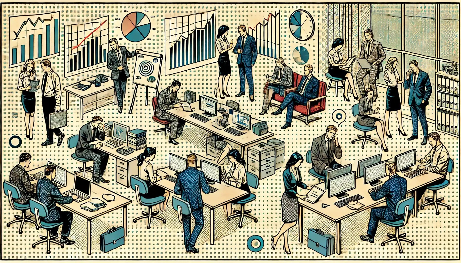 DALL·E 2024-08-21 10.11.23 - A simplified business-themed, old-style comic book scene with halftone effects. The image depicts an office environment with different professionals e