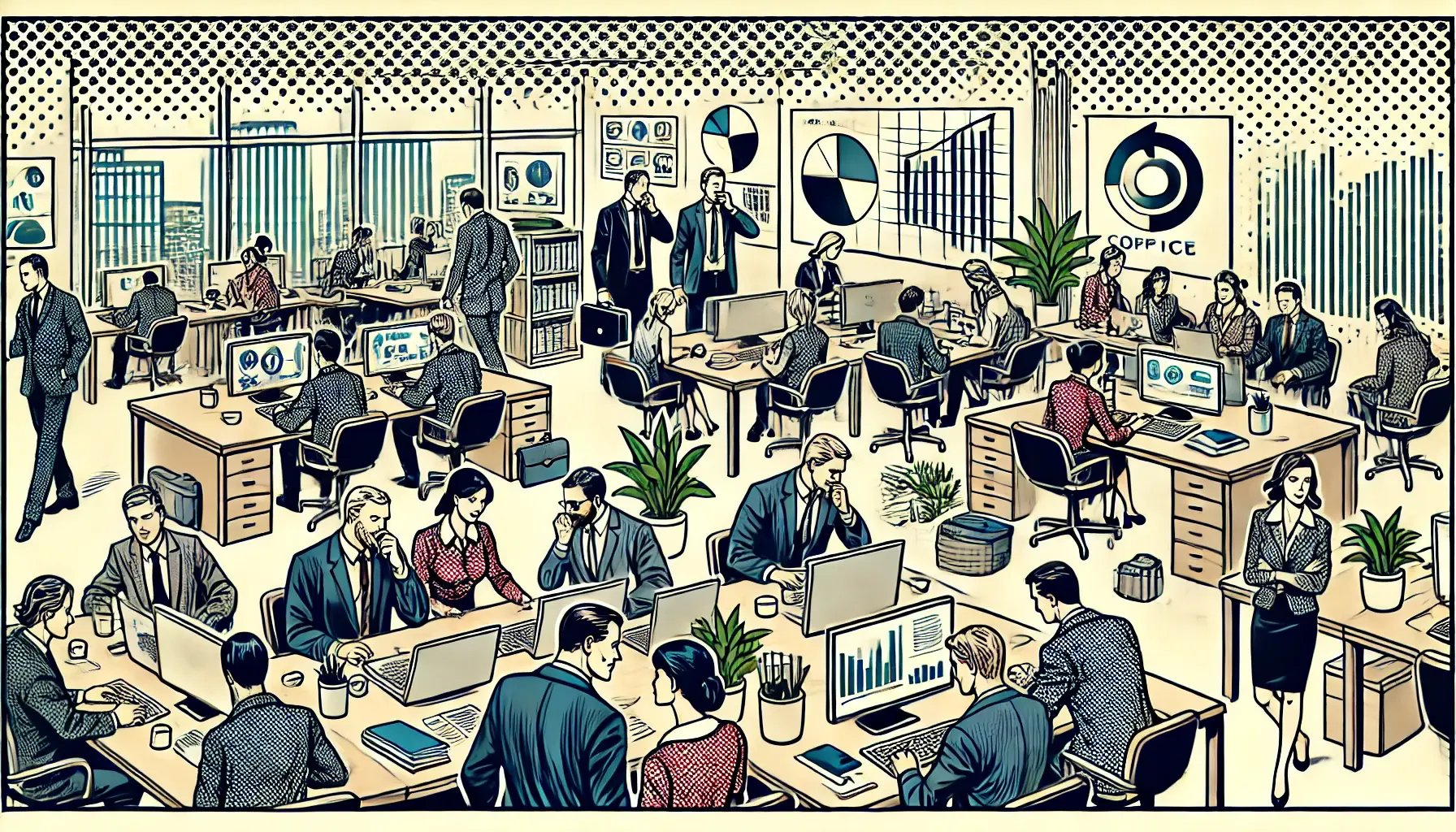 DALL·E 2024-08-21 10.31.08 - A simplified business-themed, old-style comic book scene with halftone effects. The image depicts a single wide scene of an office environment with pr