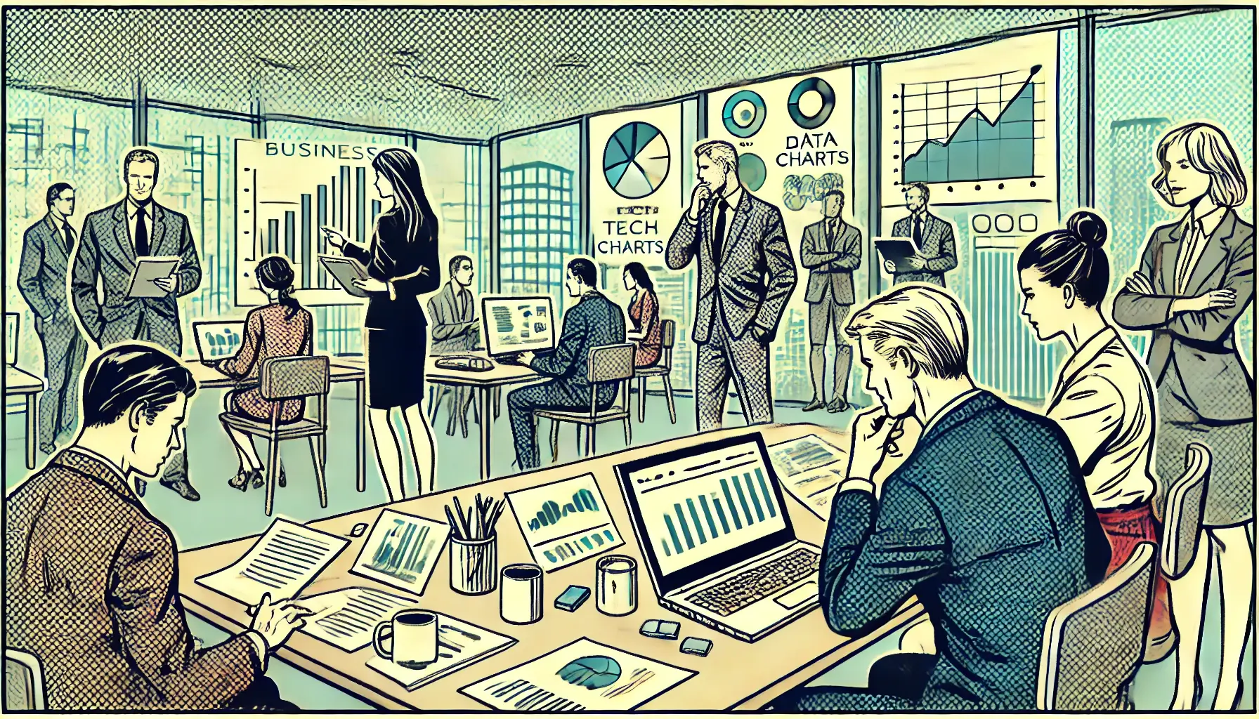 DALL·E 2024-08-21 09.20.24 - A simplified business-themed, old-style comic book scene with halftone effects. The image features a professional office environment with characters c