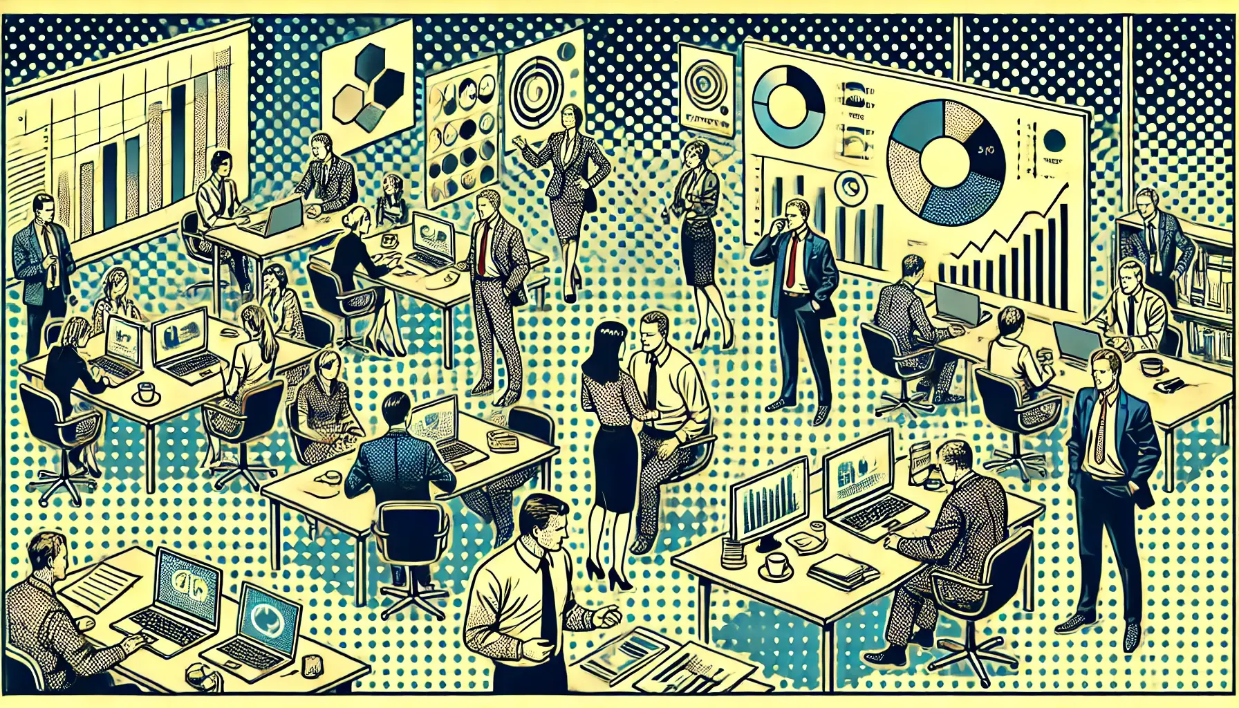 DALL·E 2024-08-21 09.20.53 - A simplified business-themed, old-style comic book scene with halftone effects. The image features a professional office environment with different bu