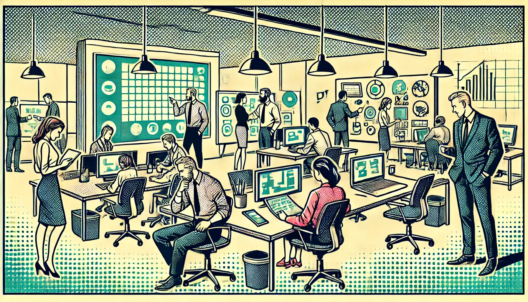 DALL·E 2024-08-21 09.20.55 - A simplified business-themed, old-style comic book scene with halftone effects. The image features a unique office environment with different professi