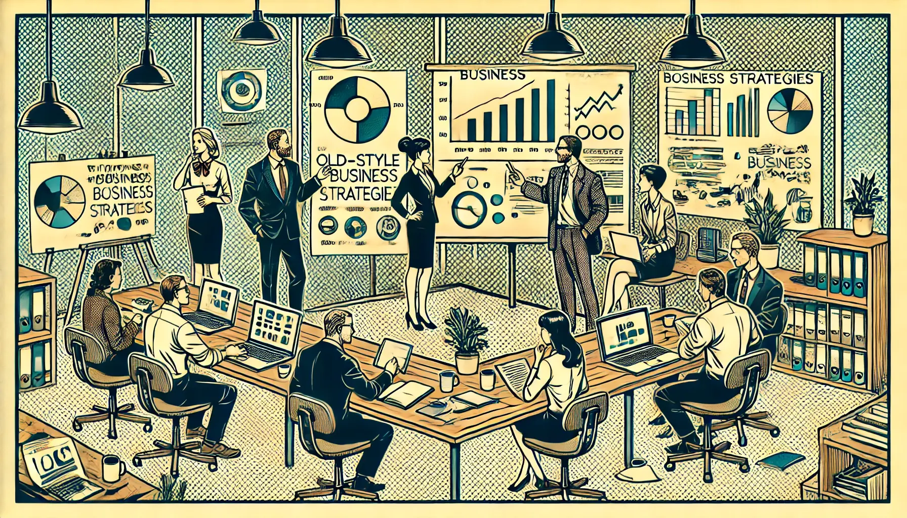 DALL·E 2024-08-21 09.21.39 - A simplified business-themed, old-style comic book scene with halftone effects. The image features a collaborative office setting with different profe