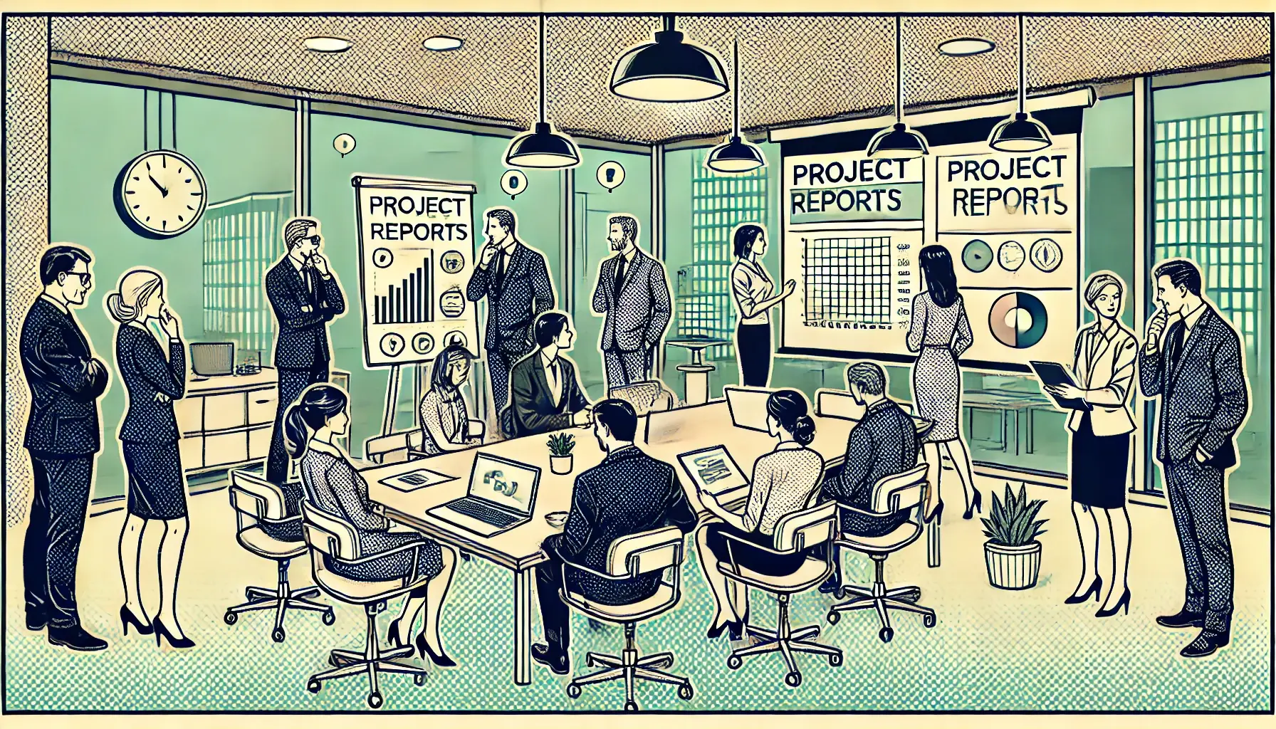 DALL·E 2024-08-21 09.21.41 - A simplified business-themed, old-style comic book scene with halftone effects. The image showcases an office environment where professionals are disc