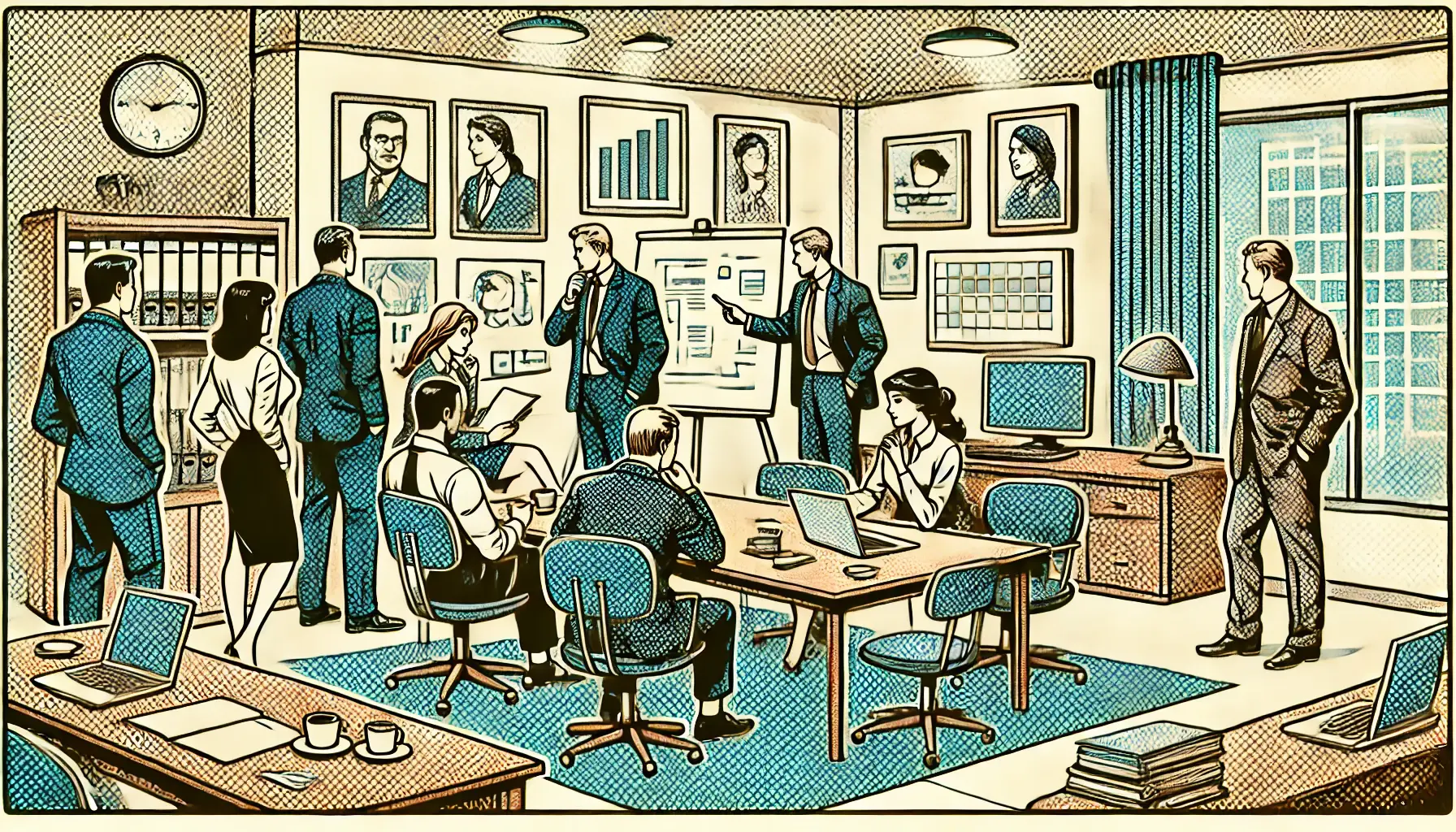 DALL·E 2024-08-21 09.22.42 - A simplified business-themed, old-style comic book scene with halftone effects. The image shows a random office setting with different professionals i