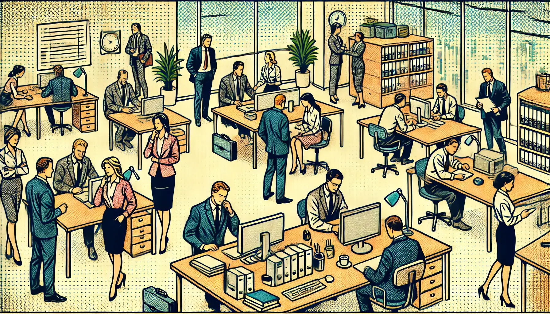 DALL·E 2024-08-21 09.22.58 - A simplified business-themed, old-style comic book scene with halftone effects. The image depicts a random office environment where professionals are 