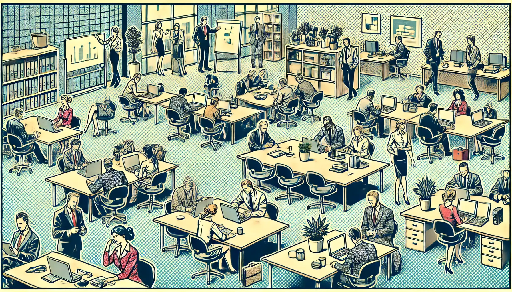 DALL·E 2024-08-21 09.25.42 - A simplified business-themed, old-style comic book scene with halftone effects. The image showcases an office environment with different professionals