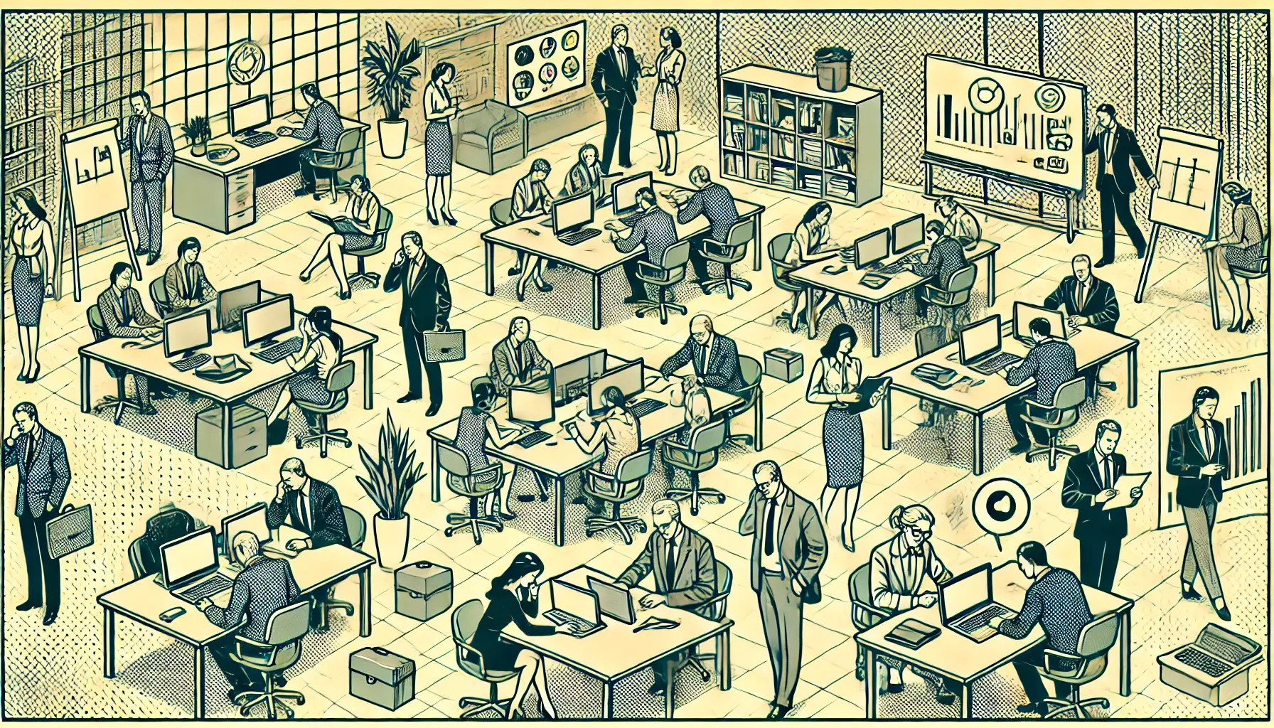 DALL·E 2024-08-21 09.26.14 - A simplified business-themed, old-style comic book scene with halftone effects. The image shows a random office environment with different professiona