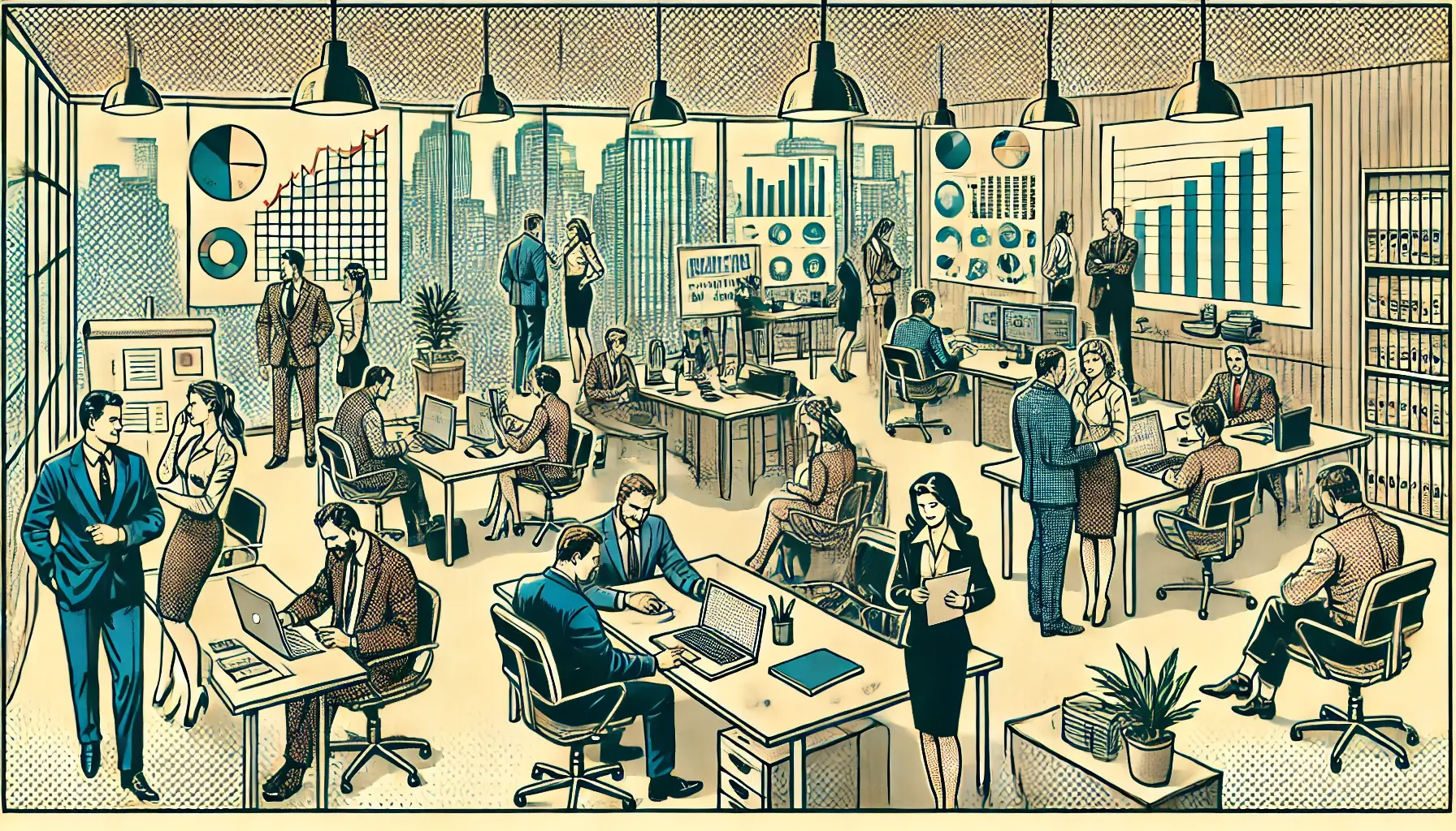 DALL·E 2024-08-21 09.26.25 - A simplified business-themed, old-style comic book scene with halftone effects. The image depicts an office environment where professionals are engage