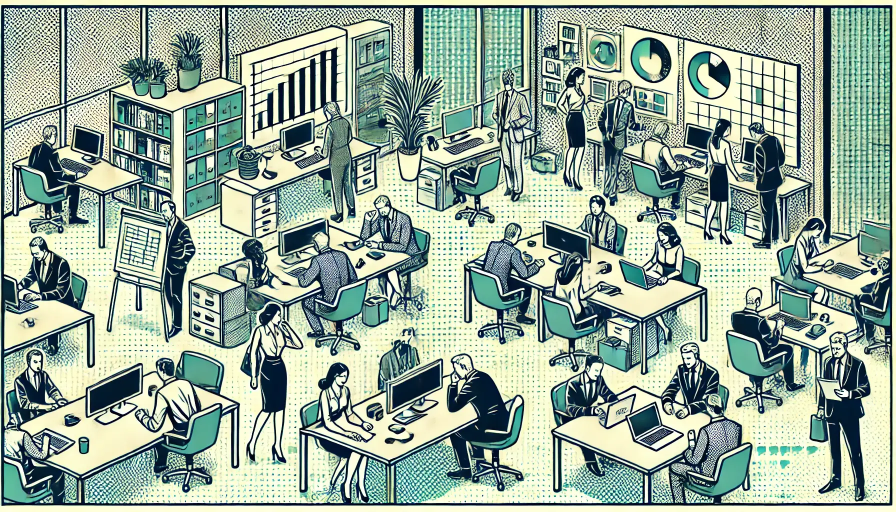 DALL·E 2024-08-21 09.31.32 - A simplified business-themed, old-style comic book scene with halftone effects. The image features different office locations with random professional